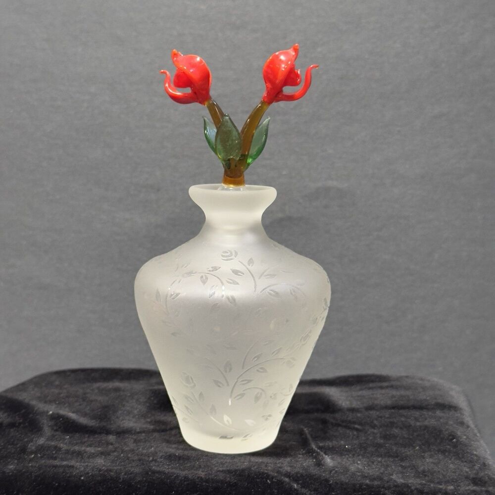 Royal Limited Perfume Bottle Vintage Crystal Frosted White w/ Red Flower Stopper